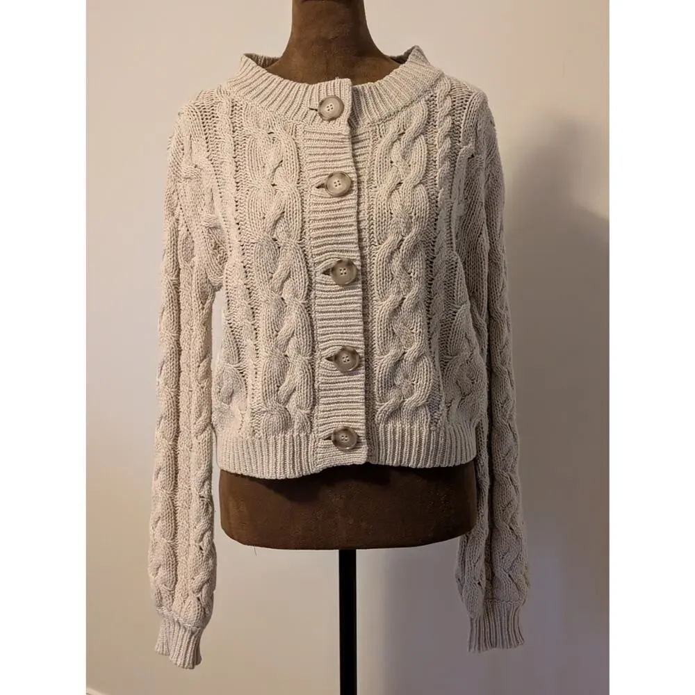 Reformation Annie Cable Knit Cropped Cardigan - Cream - Size Small - Picture 3 of 12